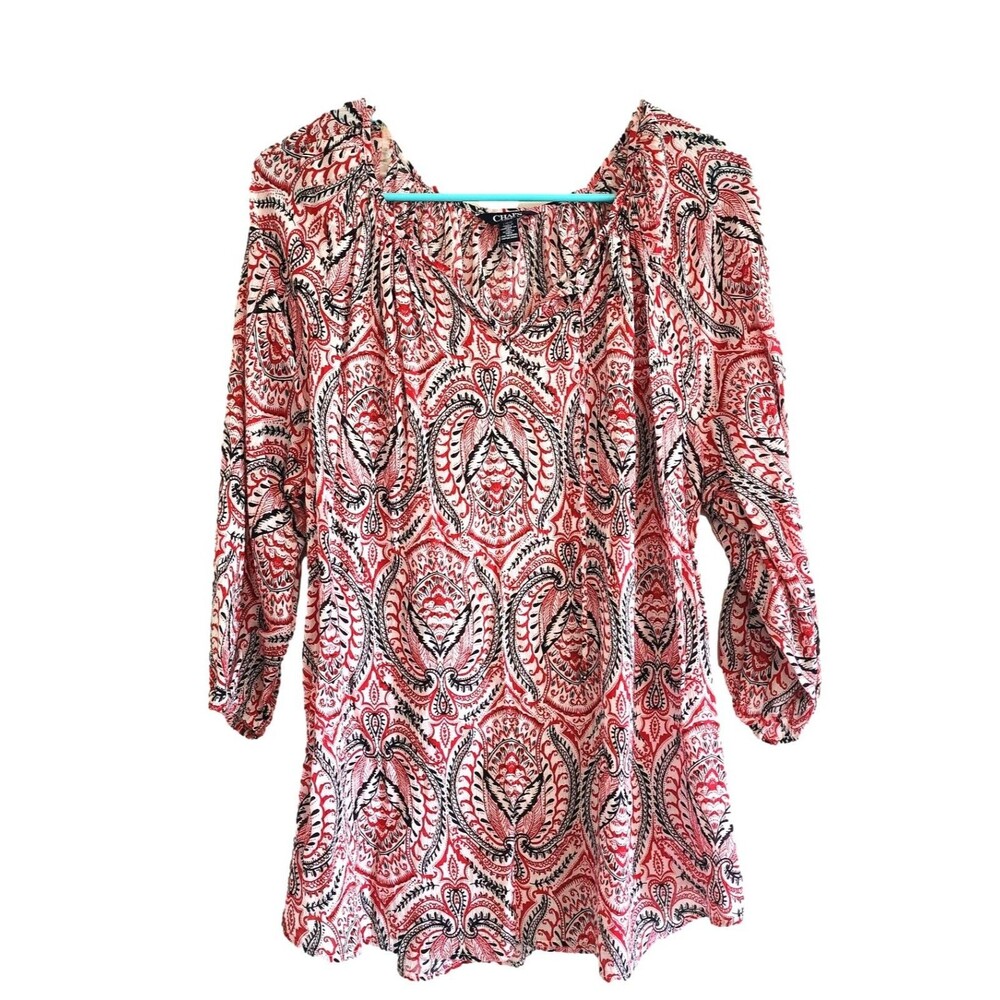 Chaps Black and White Paisley Print Bohemian Blouse - Size Large